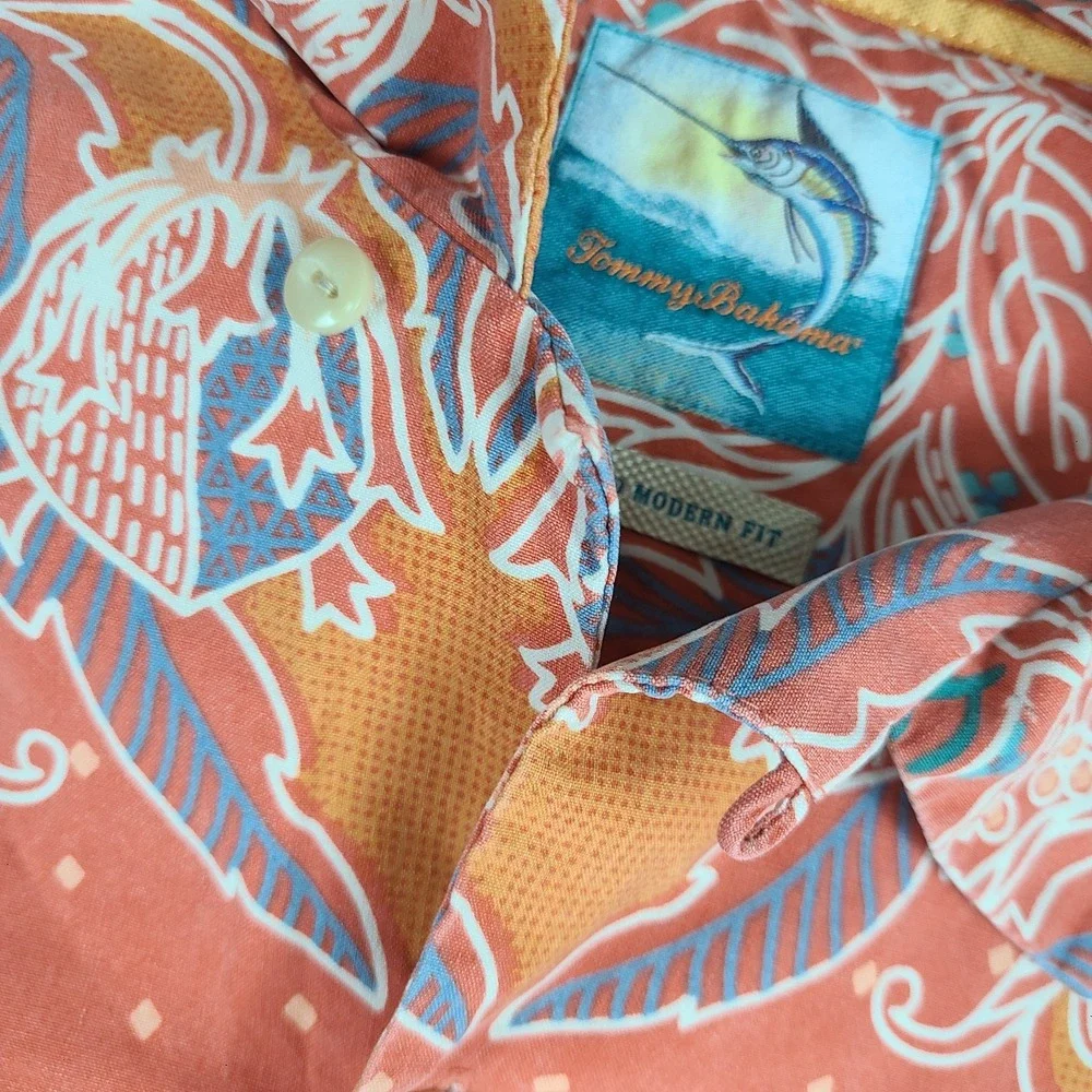 Tommy Bahama Shirt Mens Large Orange Blue Island Modern Fit Hawaiian Button Up